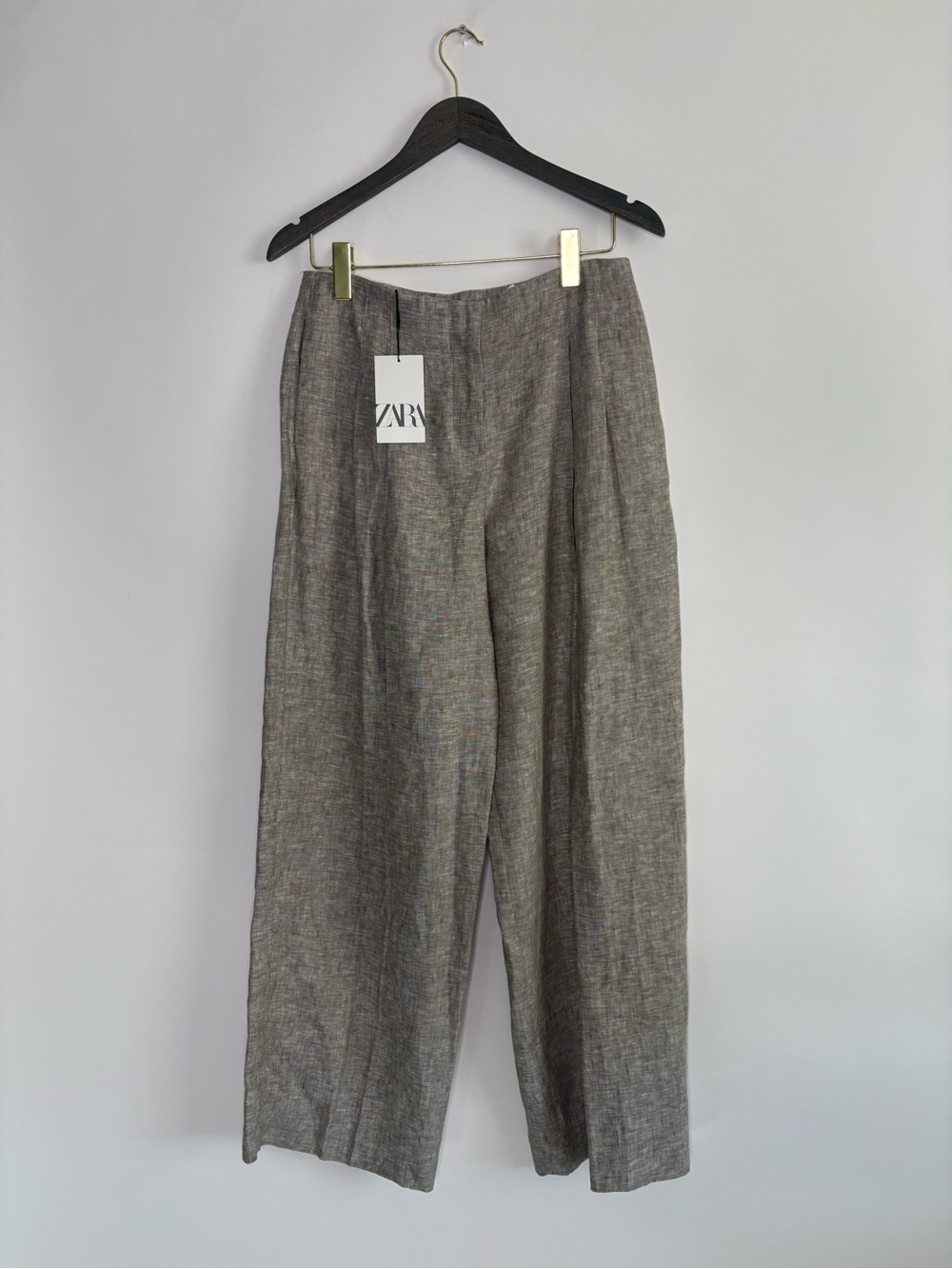 NWT ZARA 100% Linen Pleated Wide-leg Dress Pants Gray Minimalist